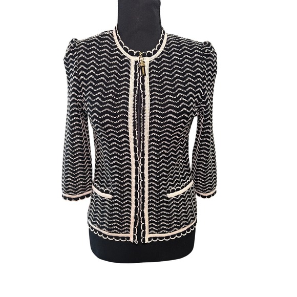 St. John Jackets & Blazers - St John Collection Knit Jacket Black White Zigzag Trim Zipper Gold Accent Size 2